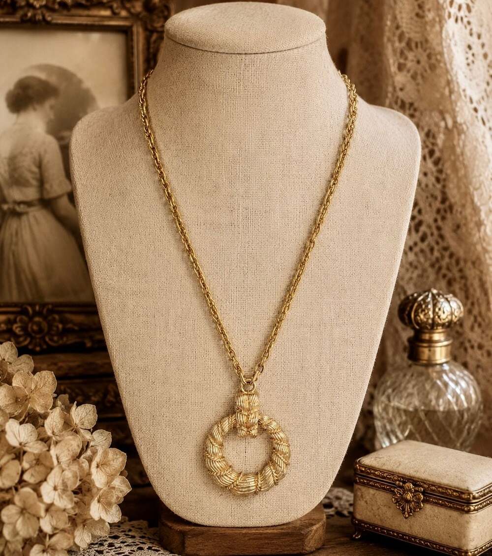 Napier Vintage Gold Tone Textured Hoop Pendant Necklace